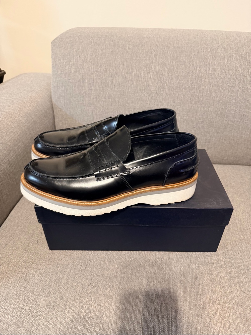 Men's Black Leather Slip-On Loafers with Contrasting White Sole